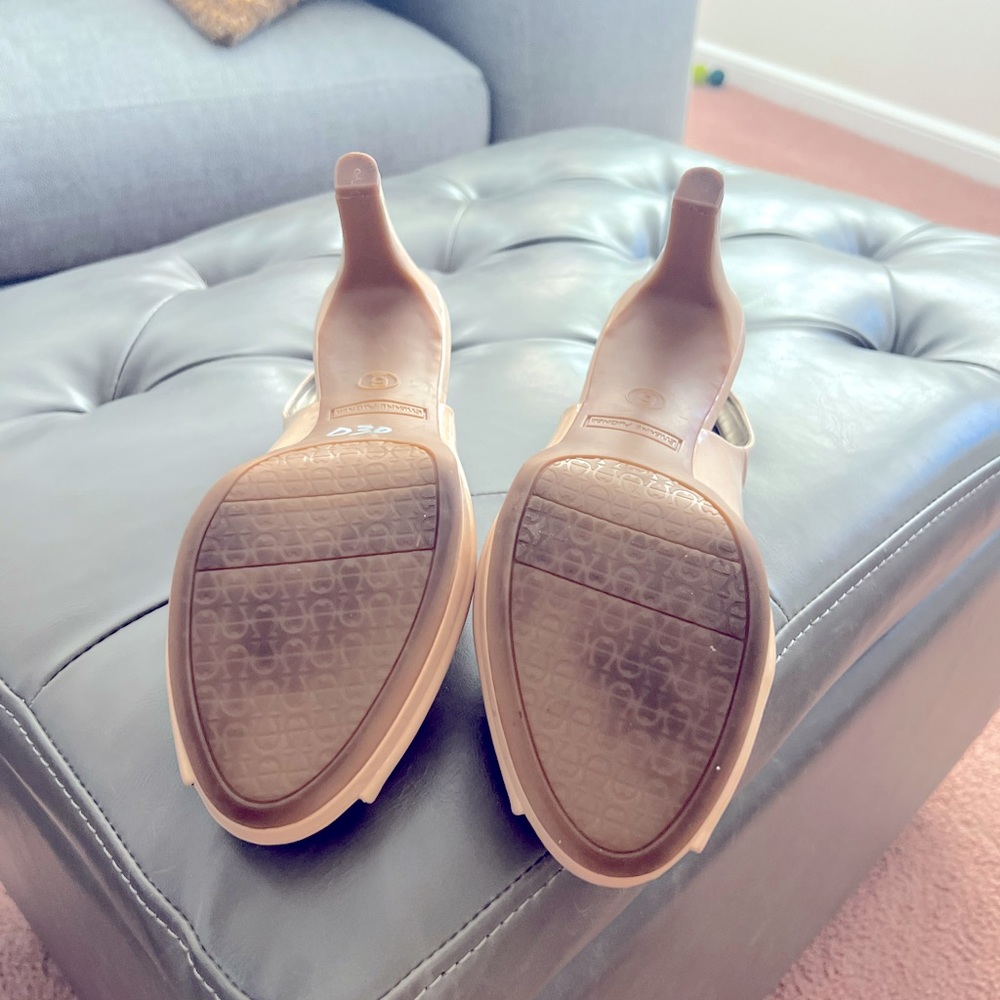 Etienne Aigner patented nude sling back platform sandal .